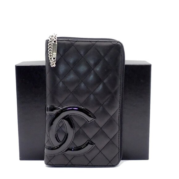 CHANEL CC Logo Cambon Long Bifold Wallet Leather Black Pink Italy 16RF462 - Picture 1 of 16